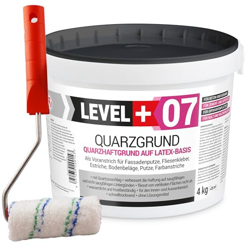 LEVEL PLUS 07 Quarzgrund 4 kg, Putzgrund Haftgrund weiß, Grundierung mit Quarzsand für Beton Putz, Primer Innen Außen, Schnell trocknend und Frostbeständig + Farbroller 10cm mit Bügel Set