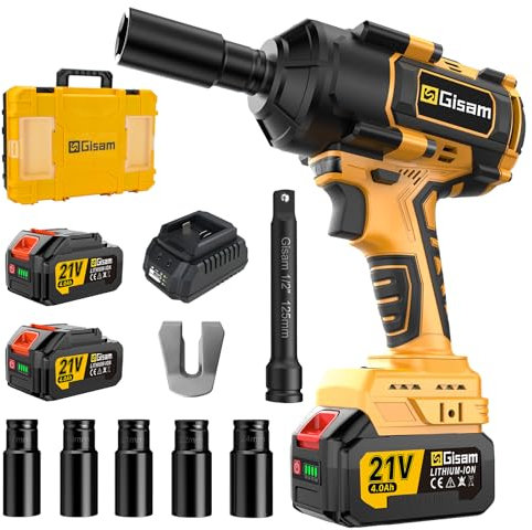 Gisam 1000N.m Llave De Impacto con 8000mAh Baterías, 1/2 Pistola De Impacto Electrica para Coches Camiones,con 5Enchufes, Barra de extensión de 5,Atornillador de Impacto Giratorio Para Coche Tiers