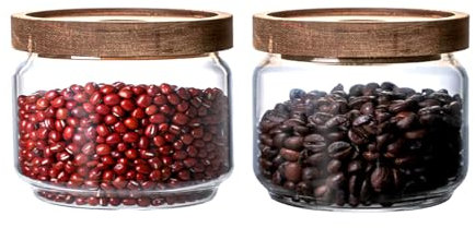 Glass Jars with Airtight Wood Lids - 350 ML Mini Small Kitchen Pantry Storage Containers, Stackable Decorative Canisters for Ground Coffee, Sugar, Loose Tea, Spice, Salt, Matcha, Nuts, Sauce, Set of 2
