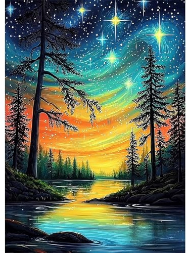 DOMROM Landscape Diamond Painting Kits for Adults, 5D Starry Sky Diamond Painting Forest Diamond Art Kits for Beginners, DIY Full Drill Diamond Gem Diamond Painting Kits for Home Wall Decor 12x16Inch