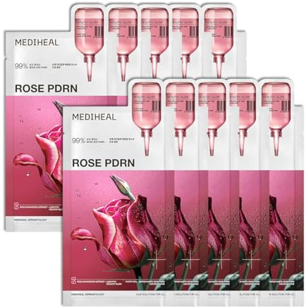 Mediheal Rose Pdrn Essential Lot de 10 masques en tissu à l'extrait de rose blanche pure et à l'acide hyaluronique pour hydrater et raffermir