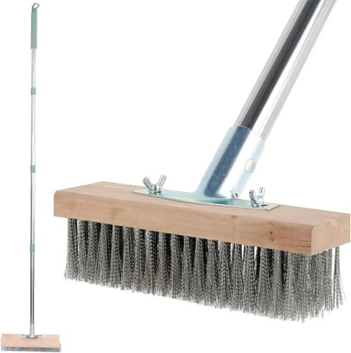Balai Brosse Métallique Extérieur avec Manche Télescopique - Balai de Terrasse Puissant pour Enlever Saletés, Feuilles Mortes, Idéal Jardin, Allée, Toiture (Poils Durs)