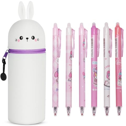 OPVXZAD Trousse Lapin Adorable en Silicone Extensible avec 6 Stylos Noirs Effaçables à Boutons Design 2 en 1 Vertical pour Écoliers Étudiants Filles Adolescents Fournitures Scolaires