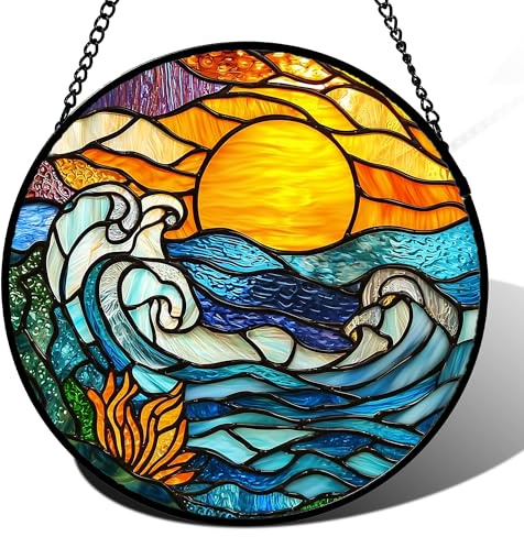 JOSUMALY Stained Glass Window Hanging, Orange Sun Blue Sea Waves Landscape Suncatcher for Doors Window Home Sun Catchers Decor Mother's Day Birthday Gifts for Women, Men Mom 6.3 in