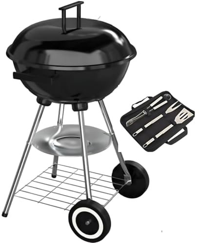 Barbecue à Charbon de Bois Rond 4 pieds (stable) avec Couvercle (fumoir) et Roulettes + 3 ustensiles)