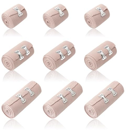9 stycken elastiskt premiumband, premiumkompressionsbindor med metallklämmor, andas, självhäftande, tvättbar och återanvändbar för sportskador, första hjälpen, husdjur