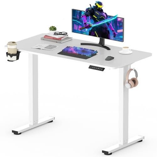 SANODESK QS-Gaming Escritorio Elevable Eléctrico 110x54 cm con Ganchos, Portavasos y Gestión de Cables, Regulable en Altura con Tablero Completo y Función de Memoria, Blanco
