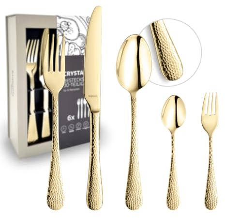 Kuppels CRYSTAL - Set di posate per 6 persone, in PVD, 30 pezzi, design martellato, in acciaio inox 18/0 lucidato a specchio, 6 coltelli da menù, forchetta, cucchiaio, cucchiaino da caffè e forchette