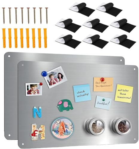 Lot de 2 tableaux magnétiques - 43 x 30 cm - En métal magnétique - Tableau mural magnétique - En acier inoxydable - Pour notes, photos, cuisine