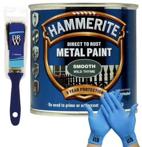 DRW Hammerite Direct to Rust Smooth Metal Paint 750ml Smooth Wild Thyme 1 Brush & Free Nitrile Gloves | Durable Anti-Rust Protection for Indoor & Outdoor use