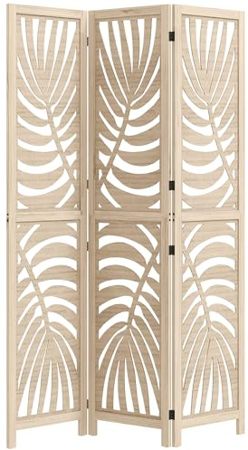 HOMCOM 3 Panel Room Divider, Detachable Portable Folding Privacy Screens, Freestanding Partition Wall Dividers with Palm Leaf Design for Home Office, Bedroom, Natural Wood Finish