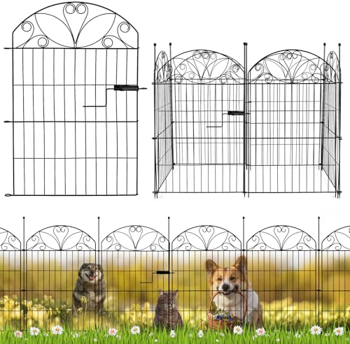 Valla decorativa de metal con puerta, 6 paneles, 81 × 57 cm, borde de hierro negro para parterres y bordes de jardín
