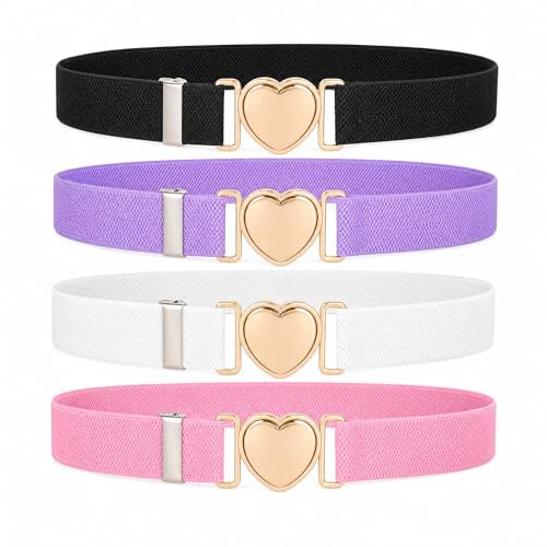 Kids Elastic Belt 4PCS Girls Belt, Adjustable Stretch Waist Belts 55–130cm with Heart Buckle, 2.5cm Wide Children Belt for Dresses Jeans School Uniform Daily Wear(Black, Purple, White, Pink)