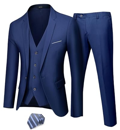 MY'S Conjunto de Chaqueta, Chaleco y Pantalones para Hombre, Chaqueta de un botón, Chaleco y Pantalones, Traje de Fiesta de Color Liso para Boda, Azul Profundo, XX-Large