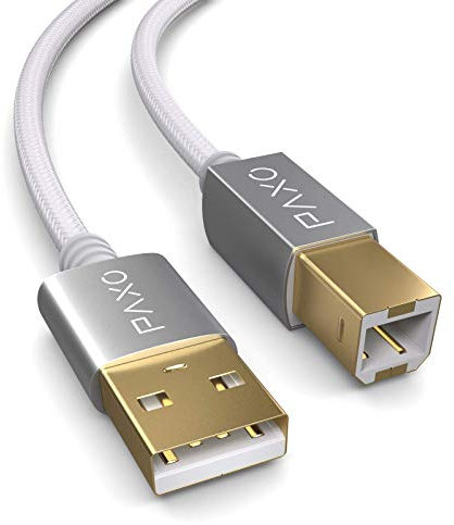 PAXO 5m Nylon USB Druckerkabel, weiß, USB A Stecker auf USB B, Ladekabel, Datenkabel, Goldstecker