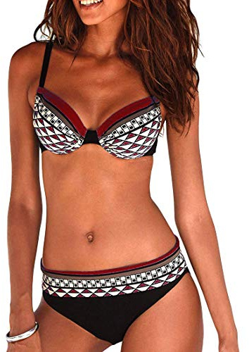 JFAN Costume da Bagno Sexy da Donna Imbottito da Bagno Push Up Bikini Stampa Tribale Swimsuit, Vino Rosso - L