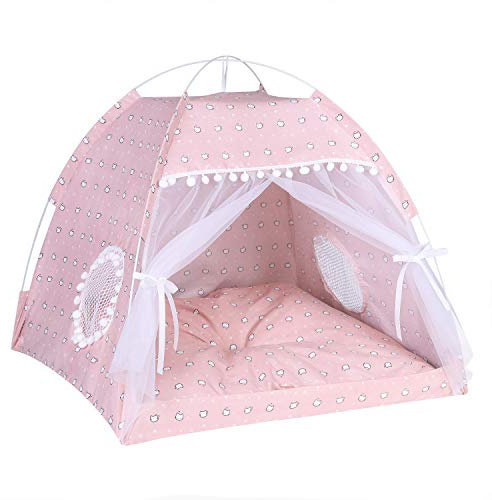 Cat Tent Cave Bed with Removable Cushion, 2-In-1 Cat Dog Teepee Bed House, Pet Indoor Outdoor House, Detachable Breathable Mesh, Four Seasons Universal, 58x58x56CM