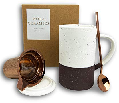 Mora Ceramics Tea Cup with Loose Leaf Infuser, Spoon and Lid, 12 oz, Microwave and Dishwasher Safe Coffee Mug - Rustic Matte Ceramic Glaze, Modern Herbal Tea Strainer - Great Gift for Women, Garnet
