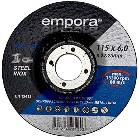 EMPORA Disques à ébarber Ø 115 mm – 125 mm – 180 mm – Tôle d'acier inoxydable métal – 6,0 mm x 22,23 mm – 80 m/s – EN 12413 (5, 115 mm)