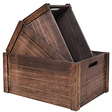 SENRYEE Farmhouse Antique Black Wooden Crate for storage,Rustic Decorative Boxes,Set Of 3 Nesting Wooden Storage Crates For display,Handmade Natural Solid Wood Box (Rustic Black)