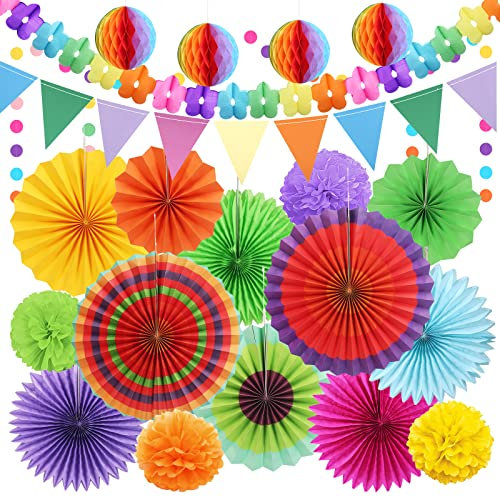 HONMOK 21 Pcs Diwali Decorations Multicolor Tissue Paper Pompoms Hanging Paper Fans Honeycomb Balls Polka Dot Flower Shape Garland Bunting for Birthday Fiesta Carnival Mexican Party Decorations