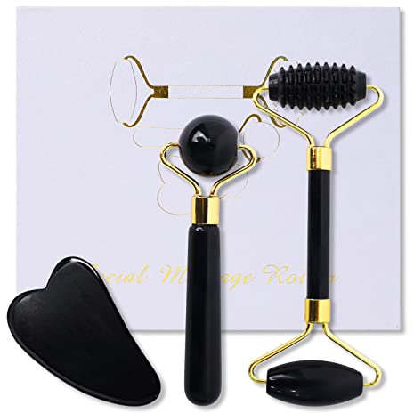 SOARFLY Jade Roller & Gua Sha Steiin Set, 3 Stück Natürliicher Obsidian Gesichtsroller, Gua Sha Stein Gesichtsmassage Roller, Gua Sha Jade Roller für Augen, Gesicht und Hals, Strafft die Haut, Massage