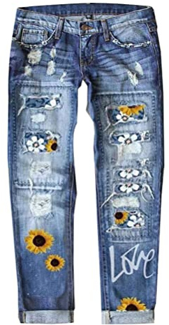 Onsoyours Jeans Décontractés pour Femme Boyfriend Jeans Leopard Floral Patchwork Jeans Straight Denim Pants C Bleu XXL