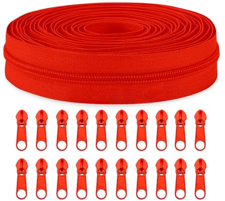Sawoake #5 Nylon Coil Zippers by The Yard Bulk 10 Yards with 20pcs Zipper Sliders for DIY Sewing Tailor Craft Bag Garment Home Textile…(Red)