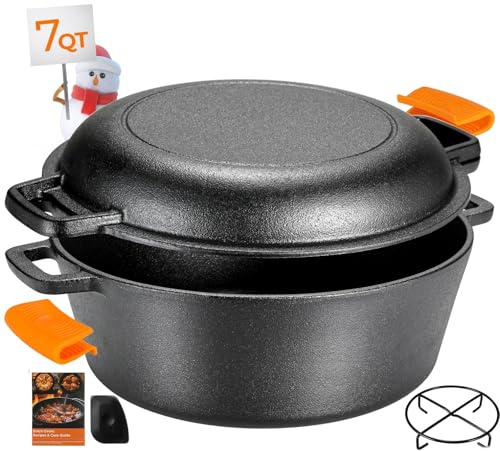 TLGREEN Cast Iron Dutch Oven Pot with Lid, Pot (5.1QT) and Lid as a Skillet(1.9QT) - Dutch Oven Cast Iron with Silicone Holders, Iron Stand, for Oven, Stove, Grill，Campfire