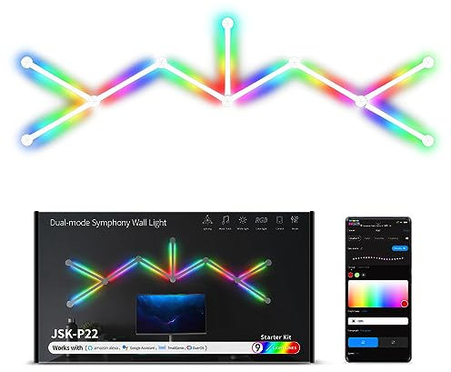 elice Luces de pared WiFi, 9 unidades, sincronización de música, multicolor, más de 40 escenas dinámicas, iluminación DIY, funciona con Alexa y Google Assistant, barra de luz LED para decoración del