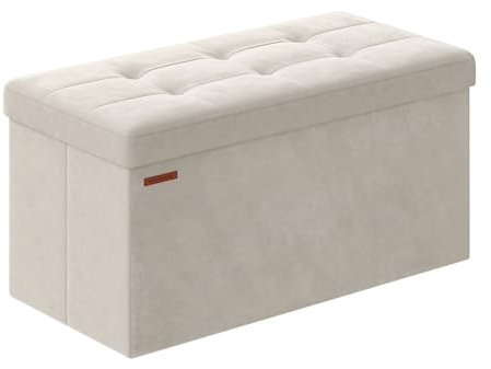 SONGMICS Sitzhocker mit Stauraum, klappbare Sitzbank, 38 x 76 x 38 cm Fußbank, Aufbewahrungsbox, bis 300 kg belastbar, für Wohnzimmer Schlafzimmer Flur, cremeweiß LSF247W01