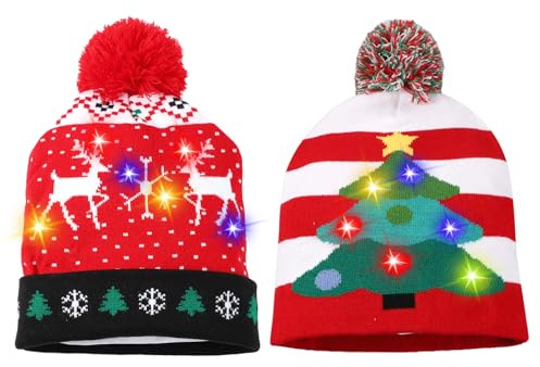 SAVITA 2pcs Sombrero de Navidad con luces, gorro de punto gorro de Navidad LED Flash Festival 6 luces de colores sombrero de Navidad LED para suministros de fiesta de Navidad con nieve de invierno