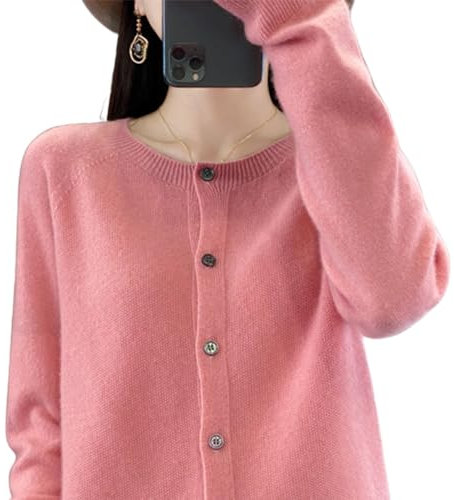 TeysHa Kashmircardigan för kvinnor, ull, rund hals, button-down långärmad kofta tröja, mjuka varma stickade elastiska tröjor (rosa, Large)