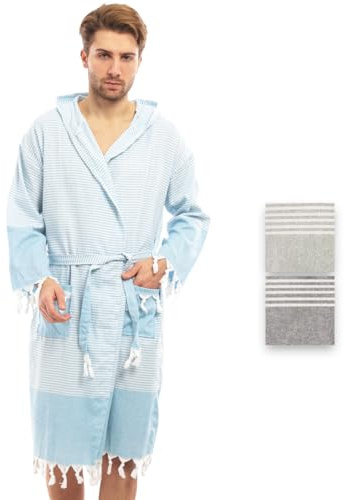 Badrock av hamam-handduk, bastuhandduk, för män, för ultimat lyx, med bälte och huva – lång form män, Turkis, M (Stor)