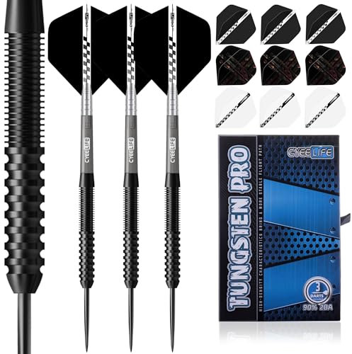 CyeeLife Tungsten Darts Set 23 Gramm,Professionelles Steel Darts mit 3 Schäften, 9 Flights und 1 Sharpener, Dartpfeile mit Metallspitze (Schwarz)