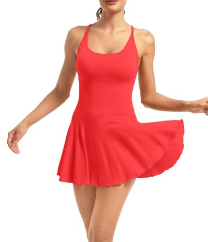 YOAKUKA Women's Flowy Tennis Dress with Built in Shorts & Bra Spaghetti Crossover Back Strap Athletic Workout Active Jumpsuit, Big Red, S