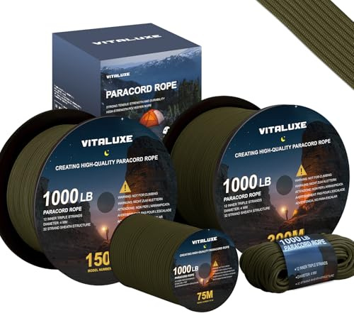 VITALUXE Paracord 1000lb(453kg), 12 Kern-Stränge, 4mm Fallschirmschnur, Tactical Parachute Cord (30/75/150/300m) Survival Gear für Camping, Outdoor, Wandern, Type III, 30m, Armee Grün