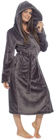 GM Apparel Women’s Dressing Gown | Super Soft Fluffy Hooded Bathrobe | Ladies Plush Fleece Cozy Long Robe Gown | Loungewear Gift for Women (UK - 12-14, CHARCOAL)