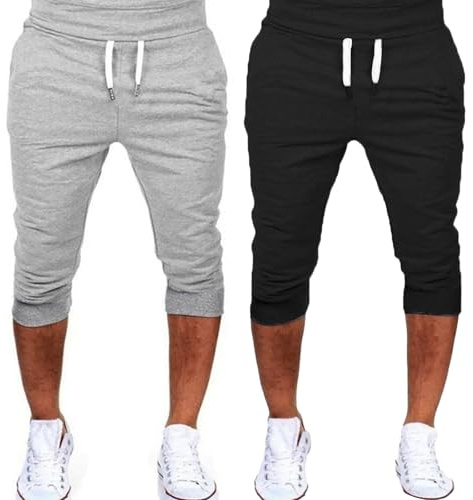 Lot de 2 shorts de sport pour homme avec poches Short de jogging Taille élastique Short de loisirs 3/4 Jambe étroite Short d'entraînement en tissu éponge Respirant Confortable Short pour homme_, beige