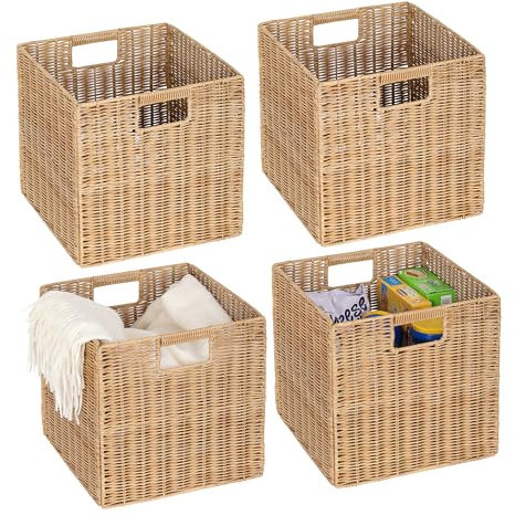 4er-Set Kallax Expedit Regal Korb/Kallax Korb Geflochten / 30,5 x 30,5 x 30,5H cm/Plastik Regalkorb/Faltkorb Flechtkorb/Regalbox Storage Box/Aufbewahrungskorb Regalkorb Faltbar