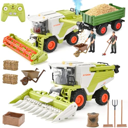 LTFIOON Moissonneuse-batteue RC 2-en-1 Télécommandée, Jouet Moissonneuse-batteuse avec Lumière, Son et Fonction de Pulvérisation, Accessoires pour Scénarios de Ferme, pour Enfants 3-8 Ans