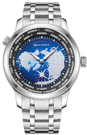 Seagull Automatisk mekanisk herrklocka, 41 mm, världstid GMT med sub-sekundurtavla, vattentät 5 ATM, lysande armbandsur, 6202, Blått stålarmband, armband