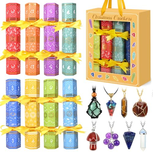 MOVINPE 8 Pack Christmas No Snap Party Table Favors, 10” Christmas Table Decorations with Gemstone Necklaces, Paper Crown, Joke Card, Traditions Holiday Family Dinner Gift Set