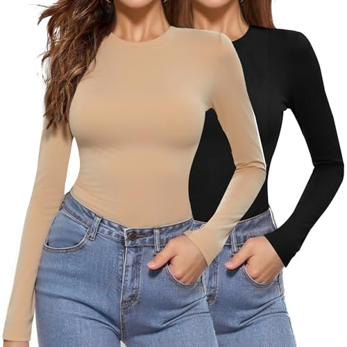 Aottori Pack 2 Camiseta Térmica Mujer Manga Larga Capa Base Diseño Ajustado | Cuello Redondo, Tejido Elástico, Tejido Ligero, Estilo Elegante, Comodidad Flexible, Sensación Ligera
