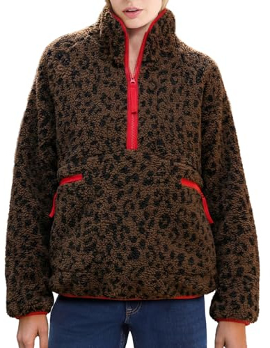 Ainangua Fuzzy Half Zip Fleece Jacket Women Long Sleeve Sherpa Pullover Sweatshirt Casual Warm Winter Chunky Teddy Outerwear(Leopard,L)