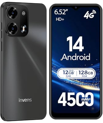 invens NOTE TK02 Handy Ohne Vertrag - 12GB(4+8)+128GB /256GB Smartphone Ohne Vertrag Android 14, 6,52 Zoll Bildschirm 4500mAh Handy Günstig, 16MP+8MP Kamera, 4G Dual SIM/Face ID/GPS/3.5mm Jack Schwarz