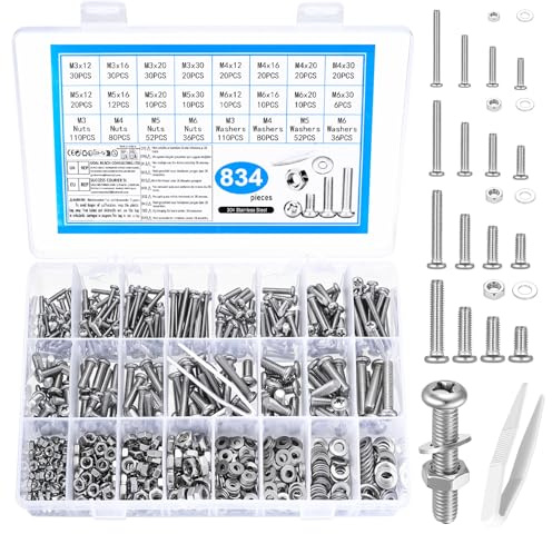 834 PzViti M3 M4 M5 M6, Kit di Bulloni e Dadi in Acciaio Inox, Set di Viti Bulloni e Dadi e Rondelle, Ferramenta Viti a Testa Tonda a Croce, Kit di Assortimento di Vite per Macchina