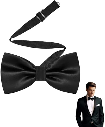 Mikloven Classic Black Satin Pre-Tied Bow Tie - Formal Adjustable Neckband Bow Tie for Men - Wedding Party Prom Dinner Business Tuxedo Suit Accessory - Solid Colour Bowtie for Evening Wear (Black)