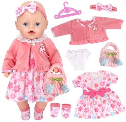 7 Pcs Newborn Baby Doll Clothes Sets for 14-18 Inch Baby Doll, Pink Flowers Dolls Clothes for 35-43cm Doll, Dress Coat Nappies Hairband Socks Hanger and Bag, Baby Doll Accessories Gifts Children