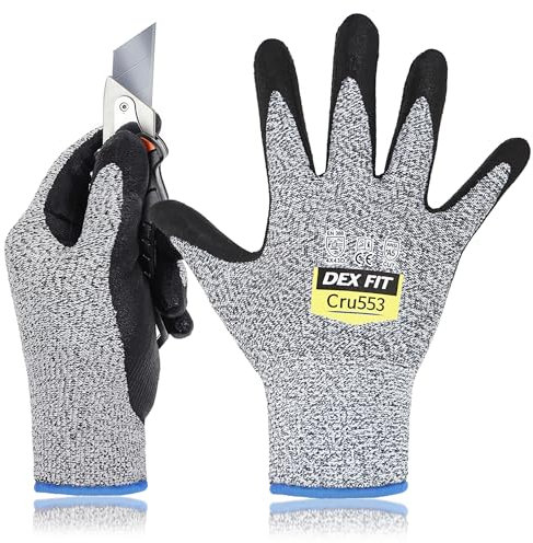 DEX FIT Cru553 Gants Anti-Coupure Niveau 5, Power Grip Antidérapant, Confort 3D comme à Mains Nues, Fins & Légers, Respirants, Compatibles Écran Tactile, Lavables; Gris 9 (L) 1 Paire